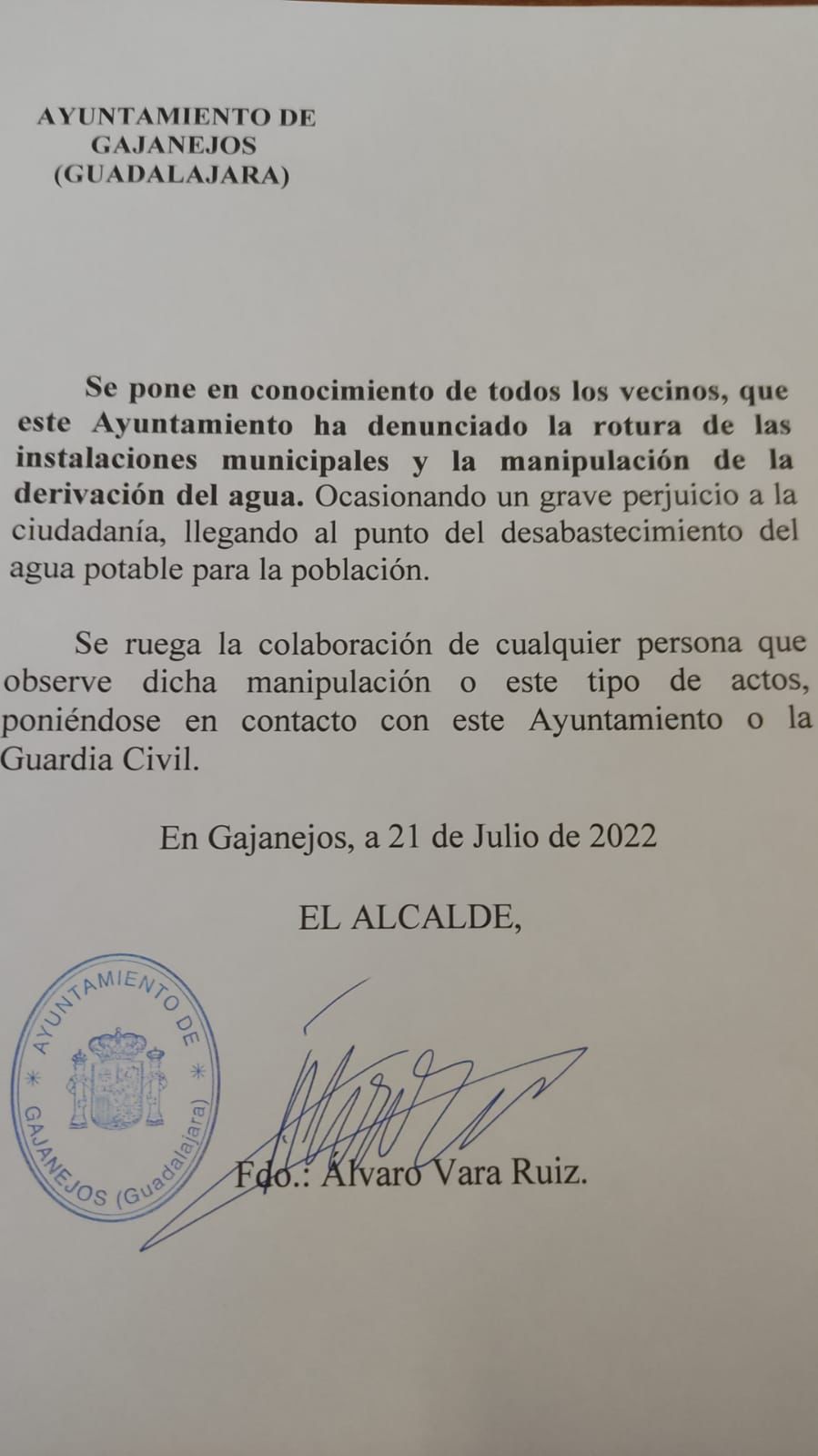 Bando del Ayuntamiento de Gajanejos del 21 de Julio de 2022, sobre instalaciones municipales